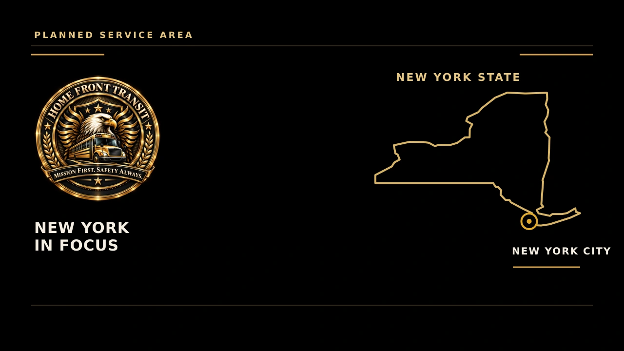 Home Front Transit planned New York service-area graphic highlighting New York City and New York State intrastate focus.